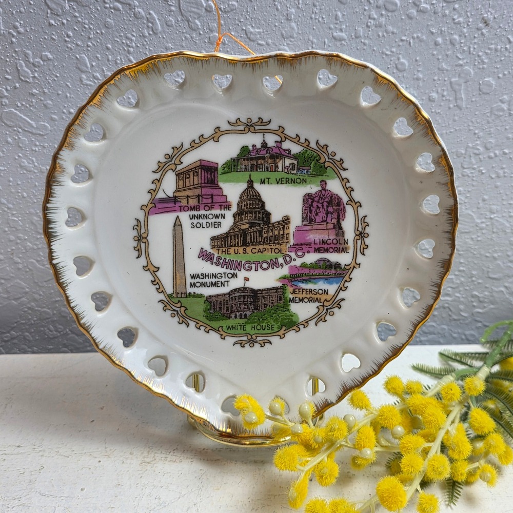 Vintage Silberne Washington DC‎ Heart Souvenir Plate Reticulated Gold Trim